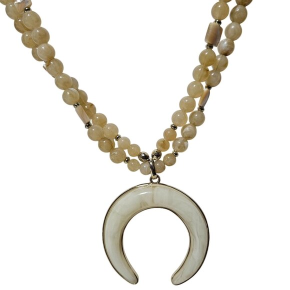 Chicos Beaded Crescent Pendant Statement Necklace Gold Tone Moon Charm Jewelry - Picture 1 of 9
